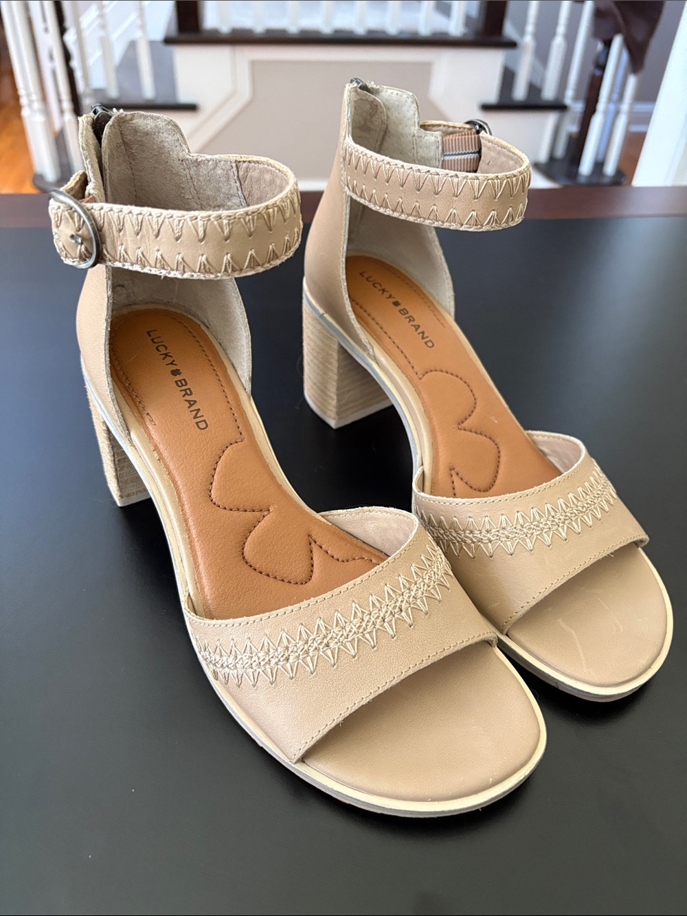 Lucky Brand Shivona Beige/Tan Ankle-Strap Block Heel Sandals